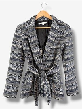 Veronica Beard Blue Black Tweed Belted Jacket Size 4 Made in USA